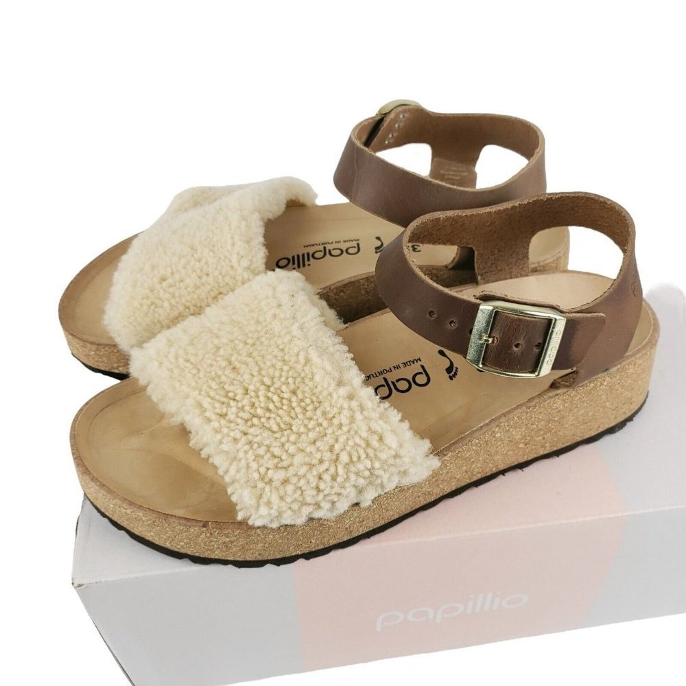 PAPILLIO Birkenstock GLENDA TEDDY Shearling Leather Sandals EGGSHELL NARROW FIT